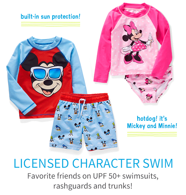 built-in sun protection! | hotdog! it's Mickey and Minnie! | LICENSED CHARACTER SWIM | Favorite friends on UPF 50+ swimsuits, rashguards and trunks! 