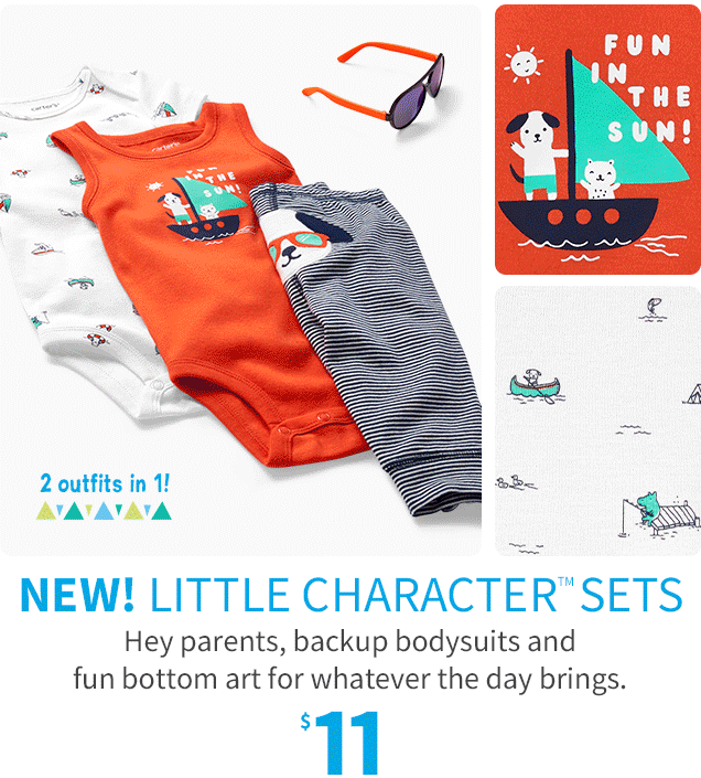  2 outfits in 1! | NEW! LITTLE CHARACTER™ SETS | Hey parents, backup bodysuits and fun bottom art for whatever the day brings. | $11