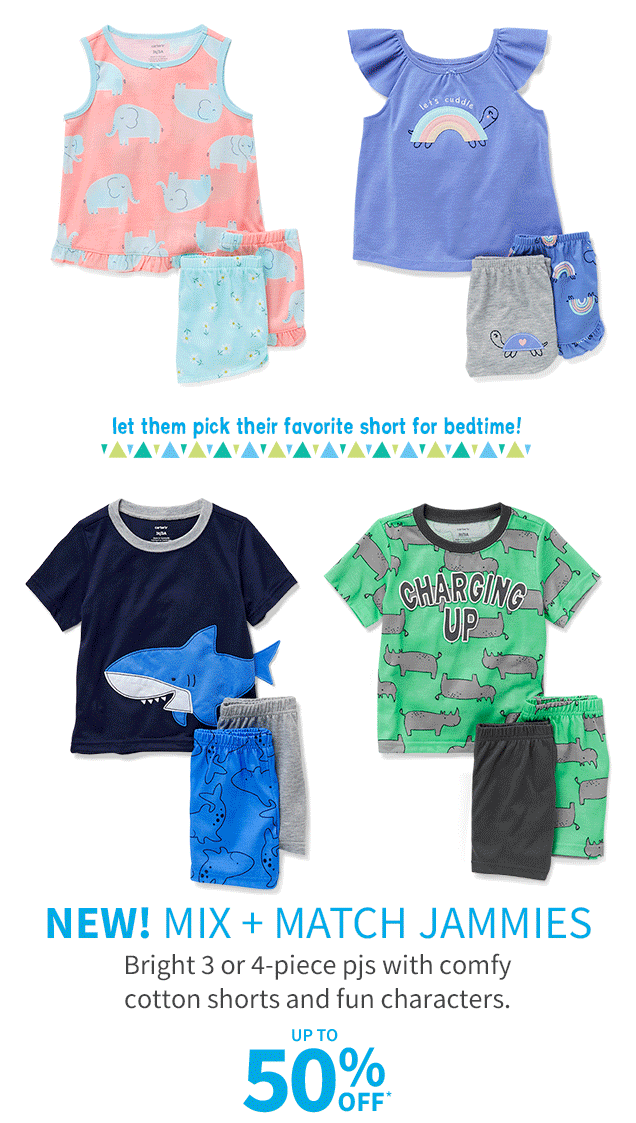 let them pick their favorite short for bedtime! | NEW! MIX + MATCH JAMMIES | Bright 3 or 4-piece pjs with comfy cotton shorts and fun characters. | UP TO 50% OFF*