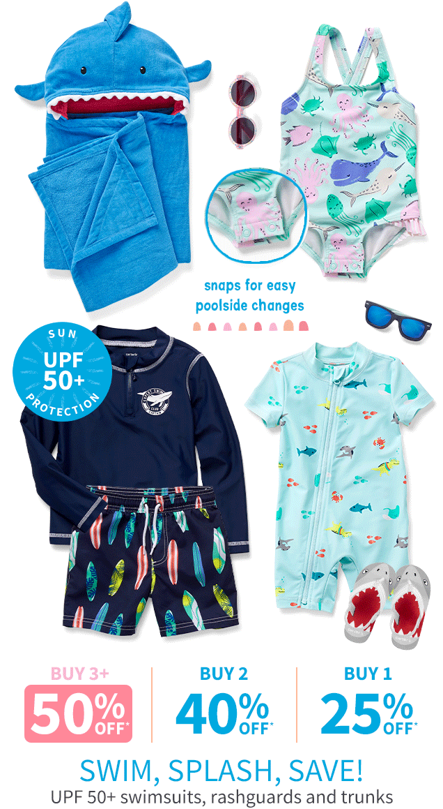 SUN UPF 50+ PROTECTION | snaps for easy poolside changes | BUY 3+ 50% OFF* | BUY 2 40% OFF* | BUY 1 25% OFF* | SWIM, SPLASH, SAVE! | UPF 50+ swimsuits, rashguards and trunks 