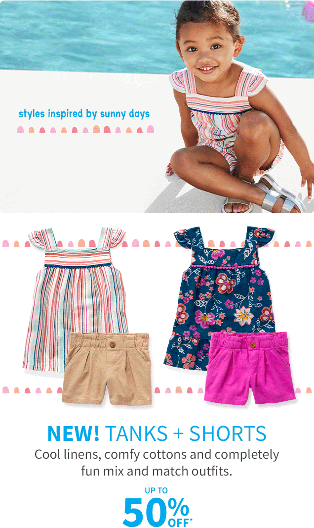 styles inspired by sunny days | NEW! TANKS + SHORTS | Cool linens, comfy cottons and completely fun mix and match outfits. | UP TO 50% OFF*
