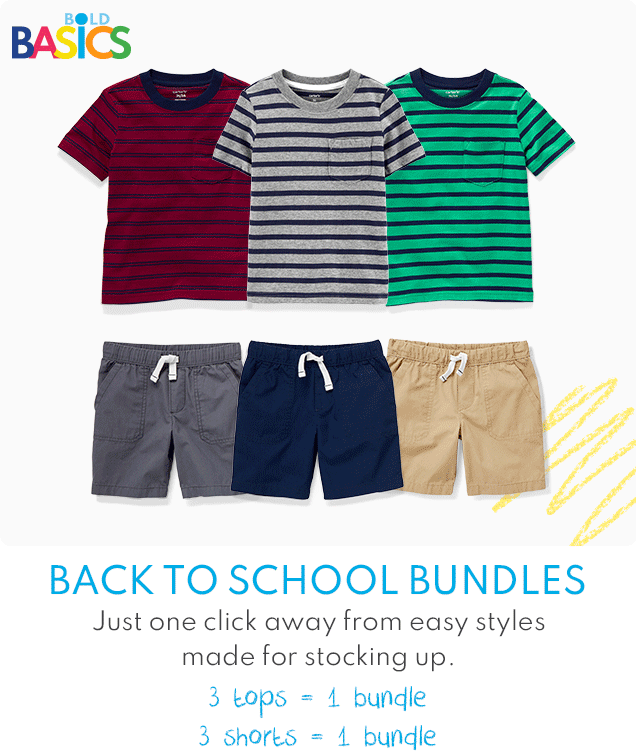 BOLD BASICS | BACK TO SCHOOL BUNDLES | Just one click away from easy styles made for stocking up. | 3 tops = 1 bundle | 3 shorts = 1 bundle