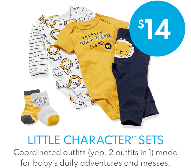 $14 | LITTLE CHARACTER SETS | coordinated outfits (yep, 2 outfits in 1) made for baby's daily adventures and messes.