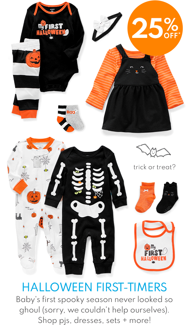 25% OFF* | HALLOWEEN FIRST-TIMERS | Baby's first spooky season never looked so ghoul (sorry, we couldn't help outselves). Shop pjs, dresses, sets + more!