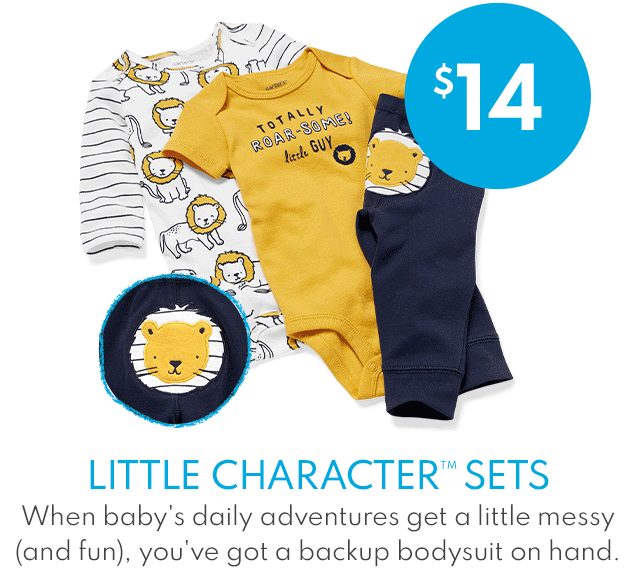 $14 | LITTLE CHARACTER™ SETS | When baby's daily adventures get a little messy (and fun), you've got a backup bodysuit on hand.