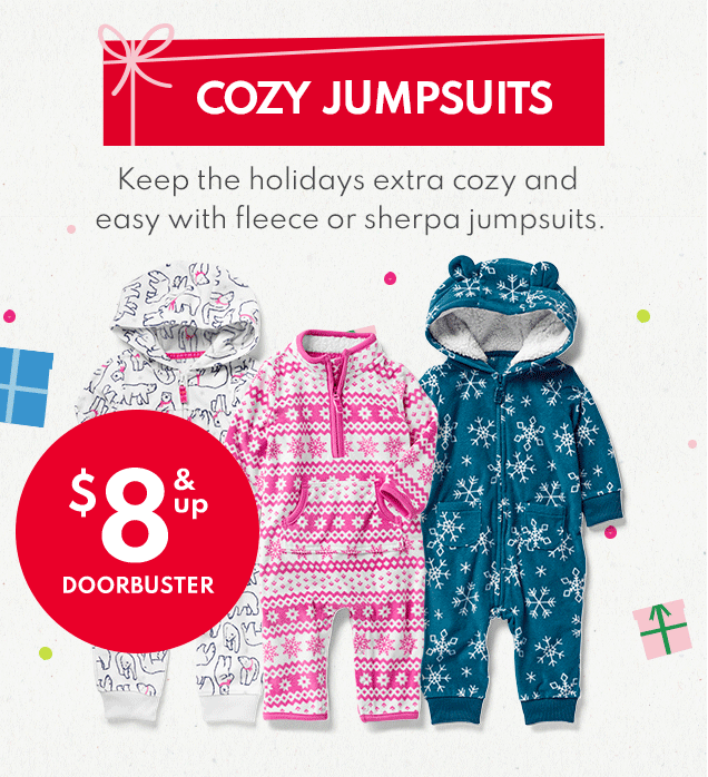 COZY JUMPSUITS | Keep the holidays extra cozy and easy with fleece or sherpa jumpsuits. | $8 & up DOORBUSTER