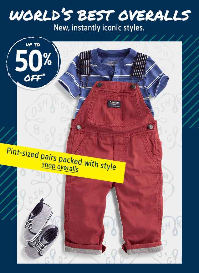 WORLD'S BEST OVERALLS | New, instantly iconic styles. | UP TO 50% OFF* | Pint-sized pairs packed with style | shop overalls