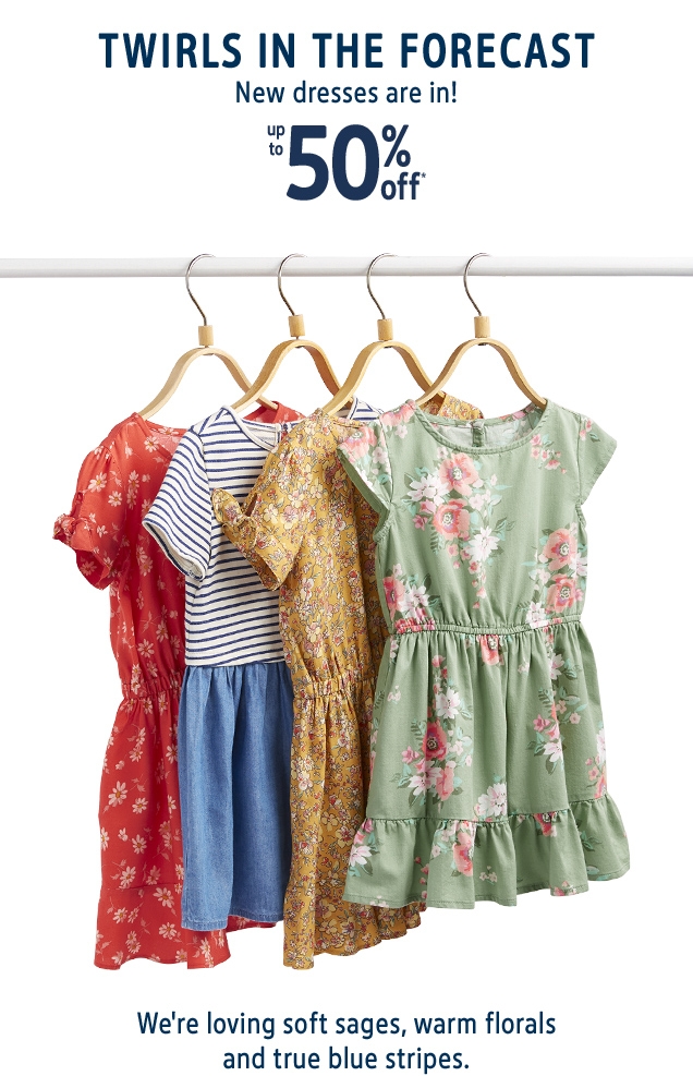 TWIRLS IN THE FORECAST | New dresses are in! | up to 50% off* | We're loving soft sages, warm florals and true blue stripes.